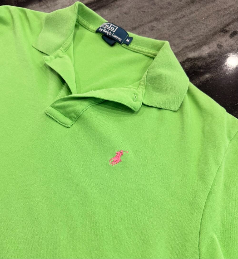 Vintage Polo Ralph Lauren Mens Medium Neon Green Polo Shirt Pink Pony